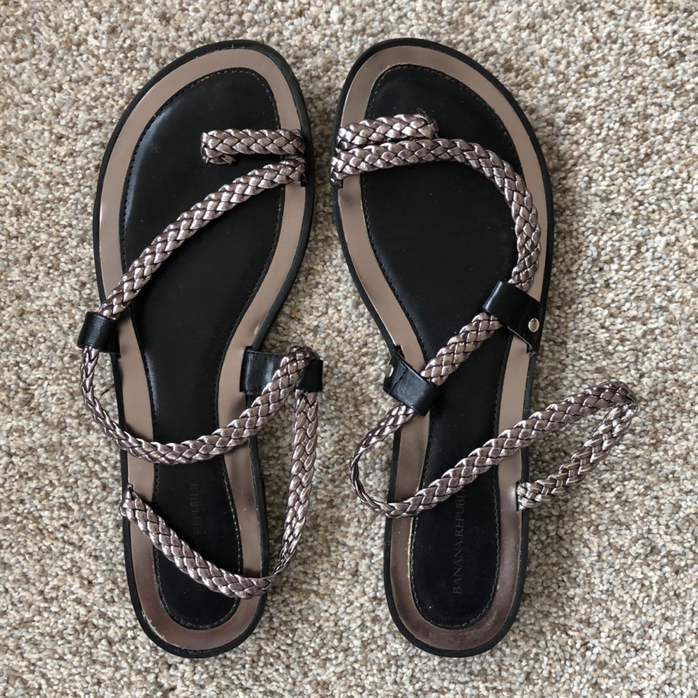 Pewter braided flat sandals with toe loop